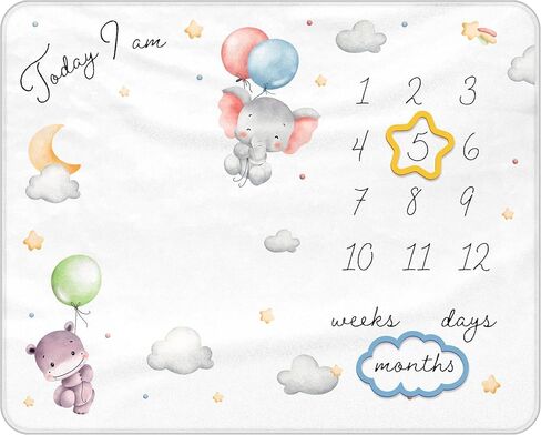 Baby Milestone Blanket, 40x50in Soft Flannel, Custom Cloud & Star Design with Baby Animals, Includes Yellow Star & Blue Cloud Milestone Markers, Perfect, White & Pastel Colors in Saudi Arabia