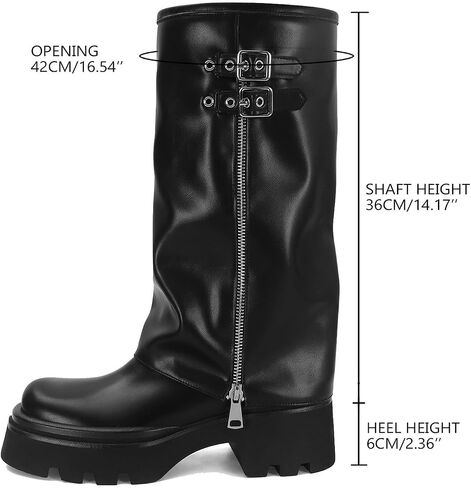 MICIFA Women's Fold Over Boots Platform Slouchy Wide Calf Boots for Women Chunky Heel Ruched Round Toe Riding Mid Calf Booties in Saudi Arabia