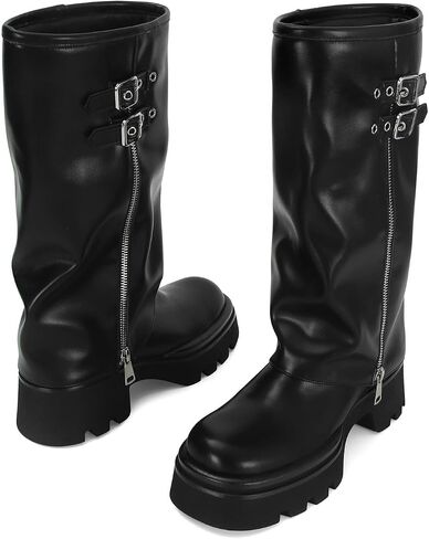MICIFA Women's Fold Over Boots Platform Slouchy Wide Calf Boots for Women Chunky Heel Ruched Round Toe Riding Mid Calf Booties in Saudi Arabia