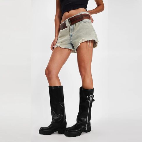 MICIFA Women's Fold Over Boots Platform Slouchy Wide Calf Boots for Women Chunky Heel Ruched Round Toe Riding Mid Calf Booties in Saudi Arabia
