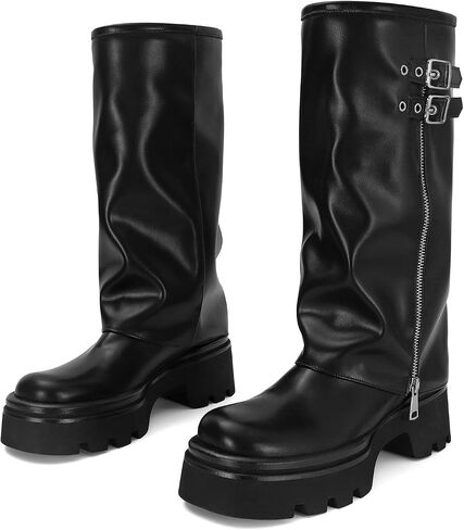 MICIFA Women's Fold Over Boots Platform Slouchy Wide Calf Boots for Women Chunky Heel Ruched Round Toe Riding Mid Calf Booties in Saudi Arabia