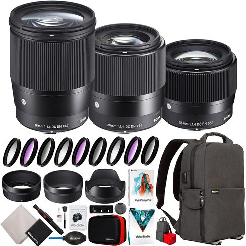 Sigma Triple Lens Bundle for Sony E-Mount Mirrorless APS-C Cameras 30mm F1.4 DC DN + 16mm F1.4 DC DN + 56mm F1.4 DC DN Contemporary with Deco Gear Backpack + Filter Set + Software Kit & Accessories in Saudi Arabia