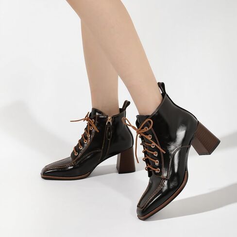 Ankle Boots for Women Lace Up Chunky Block Booties Square Toe Side Zipper 2.75 Inch in Saudi Arabia