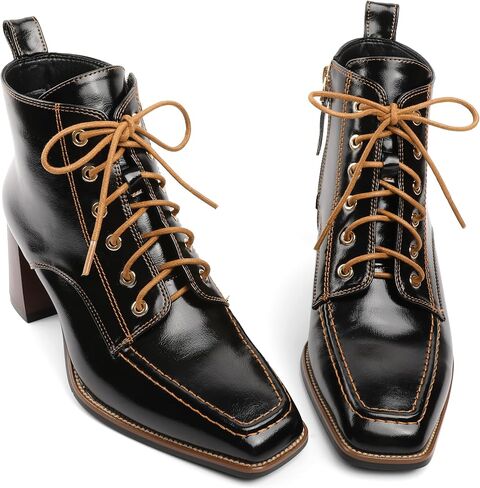 Ankle Boots for Women Lace Up Chunky Block Booties Square Toe Side Zipper 2.75 Inch in Saudi Arabia