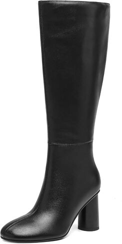 Knee High Boots for Women Chunky High Heel Round Toe Tall Long Boots with Side Zipper in Saudi Arabia