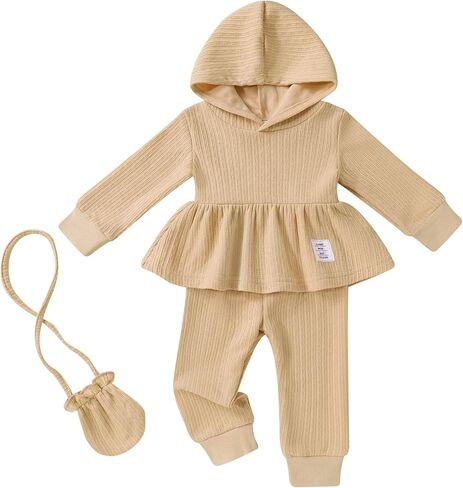 Happy Town Toddler Baby Girl Clothes Ribbed Knit Long Sleeve Hoodie Shirt Solid Pants Set with Bag Fall Winter Outfit in Kuwait