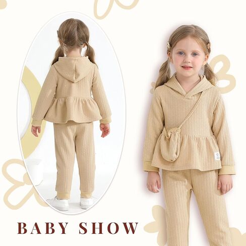 Happy Town Toddler Baby Girl Clothes Ribbed Knit Long Sleeve Hoodie Shirt Solid Pants Set with Bag Fall Winter Outfit in Kuwait