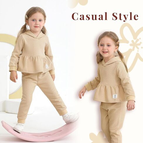 Happy Town Toddler Baby Girl Clothes Ribbed Knit Long Sleeve Hoodie Shirt Solid Pants Set with Bag Fall Winter Outfit in Kuwait