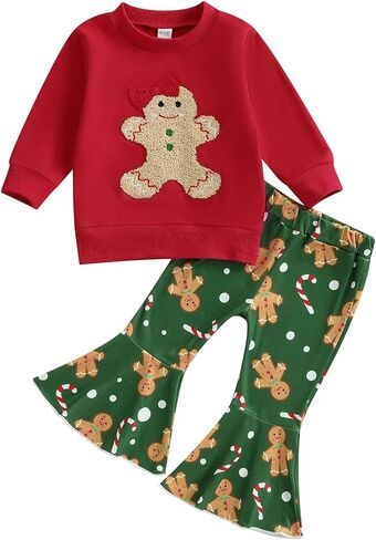 Toddler Baby Girl Christmas Outfit Gingerbread Candy Cane Sweatshirt Bell Bottom Pants Set in Kuwait
