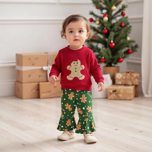 Toddler Baby Girl Christmas Outfit Gingerbread Candy Cane Sweatshirt Bell Bottom Pants Set in Kuwait