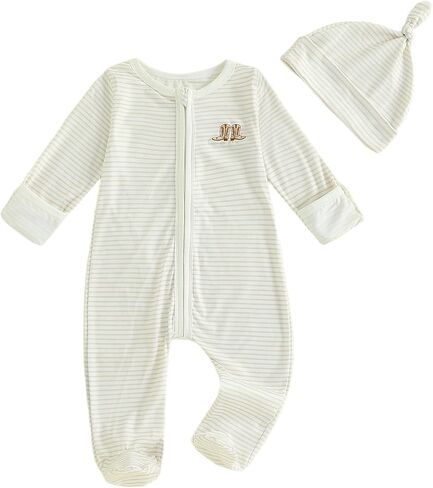 Infant Boy Western Footie Rompers Newborn Baby Coming Home Outfit Fall Clothes Long Sleeve Striped Jumpsuit with Hat in Saudi Arabia