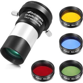 Astromania Filter Set of 1.25-Inch Four Color Filters (#15 Deep Yellow, #25 Red, #58A Green and #80A Medium Blue) - Bundle with - 2X Barlow Lens Upgraded 1.25 inch in Saudi Arabia