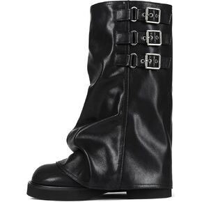 Mid Calf Slouchy Boots for Women Square Toe Fold Over Motorcycle Riding Boots With Buckle Wide Calf Casual Comfortable Moto Biker Shoes in Kuwait