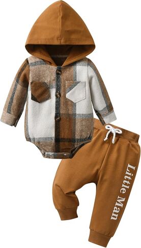 Baby Boy Clothes Plaid Long Sleeve Hooded Romper Top + infant Boys Pants Newborn Outfit Set in Saudi Arabia