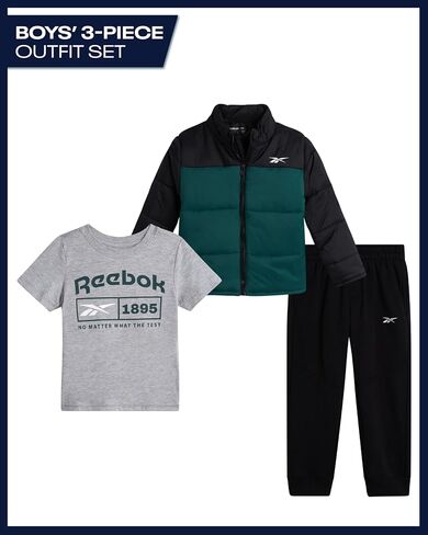 Reebok Baby Boys Pants Set - 3 Piece Quilted Puffer Jacket Jogger Boys Sweatpants and Graphic Toddler Shirts (12M-7) in Saudi Arabia
