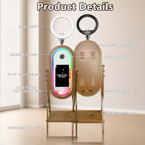 Magic Mirror Photo Booth with 21.5" Touch Screen, Photobooth Machine Selfie Shell Stand with LED RGB Fill Light & Flight Case for Wedding Parties Events Rental (Photo Booth + Printer) in Saudi Arabia