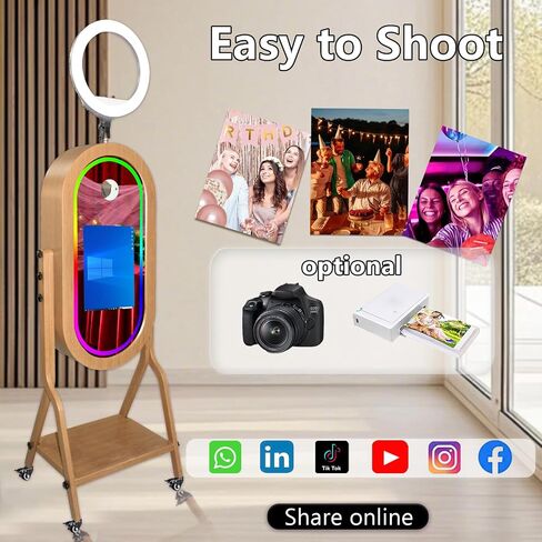 Magic Mirror Photo Booth with 21.5" Touch Screen, Photobooth Machine Selfie Shell Stand with LED RGB Fill Light & Flight Case for Wedding Parties Events Rental (Photo Booth + Printer) in Saudi Arabia