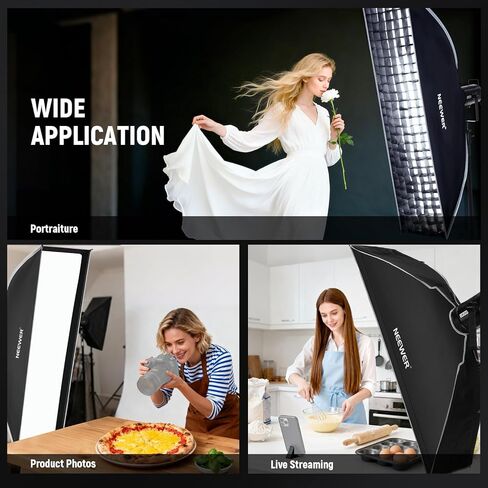 طقم Softbox مستطيل من NEEWER، صندوق ناعم بشريط مقاس 12 بوصة × 47 بوصة مع ناشرات ضوئية للتصوير الفوتوغرافي في الاستوديو وتسجيل الفيديو وإضاءة البث المتدفقة المتوافقة مع Aputure 120d المتوافقة مع Godox SL60w وNS94P in Kuwait
