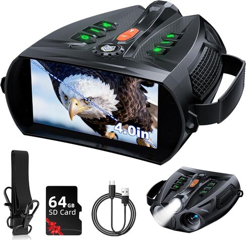 4K Night Vision Goggles, 4.0" HD Screen Night Vision Binoculars with 5000mAh Rechargeable Battery, 64GB TF Card for Photo & Video, Infrared Binocular for Adults, Camping, Wildlife Observation in Saudi Arabia