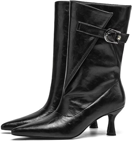 Mid Calf Boots for Women with Kitten Heel - Pointed Toe Wide Calf Slip On Boots, Metal Buckle Kitten Heels Boots for Women, Stylish Pointy Boots for Women for Autumn Winter in Kuwait