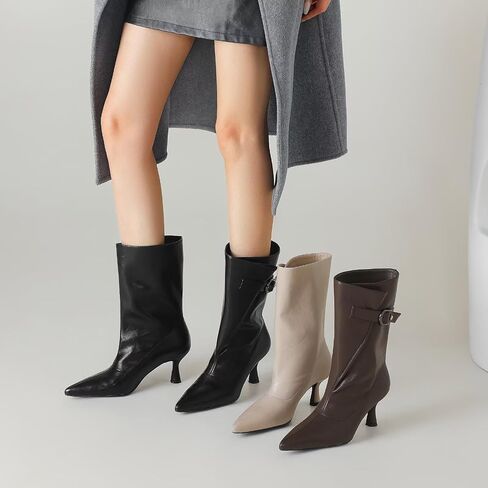Mid Calf Boots for Women with Kitten Heel - Pointed Toe Wide Calf Slip On Boots, Metal Buckle Kitten Heels Boots for Women, Stylish Pointy Boots for Women for Autumn Winter in Kuwait