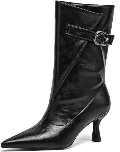 Mid Calf Boots for Women with Kitten Heel - Pointed Toe Wide Calf Slip On Boots, Metal Buckle Kitten Heels Boots for Women, Stylish Pointy Boots for Women for Autumn Winter in Kuwait