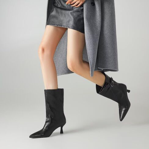 Mid Calf Boots for Women with Kitten Heel - Pointed Toe Wide Calf Slip On Boots, Metal Buckle Kitten Heels Boots for Women, Stylish Pointy Boots for Women for Autumn Winter in Kuwait