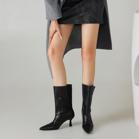Mid Calf Boots for Women with Kitten Heel - Pointed Toe Wide Calf Slip On Boots, Metal Buckle Kitten Heels Boots for Women, Stylish Pointy Boots for Women for Autumn Winter in Kuwait