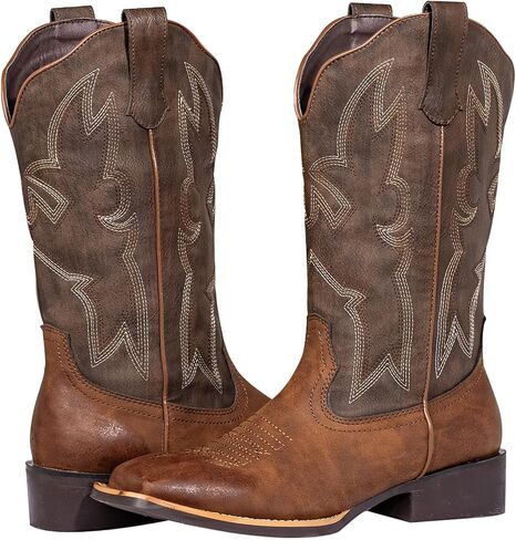 Women's Cowboy Boots Wide Mid Calf Square Toe Two-Tone Pull On Fashion Western Cowgirl Boots in Saudi Arabia