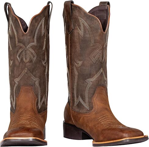 Women's Cowboy Boots Wide Mid Calf Square Toe Two-Tone Pull On Fashion Western Cowgirl Boots in Saudi Arabia