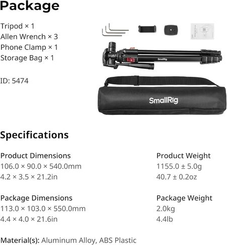 SmallRig Aluminum Camera Tripod Stand AP-30, 67.7" Travel Tripod with Phone Clip & Carry Bag, Portable Tripods with Quick-Flip Lock Legs, for Live Streaming and Vlogging, Max Load 11lb in Saudi Arabia