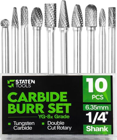 10Pcs Carbide Burr Set 1/4 Shank w/Clear Box Head Dia 8mm Die Grinder Bits Rotary Tools Attachment Kit Rasp File Accessories Metal Wood Stone Steel Grinding Deburring Cutting Porting Carving in Kuwait