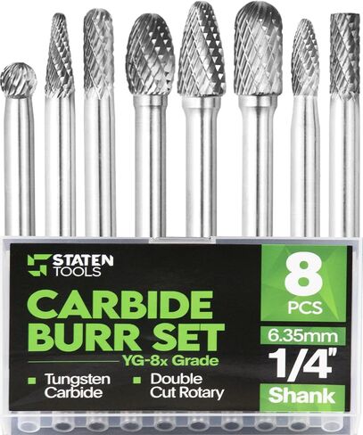 10Pcs Carbide Burr Set 1/4 Shank w/Clear Box Head Dia 8mm Die Grinder Bits Rotary Tools Attachment Kit Rasp File Accessories Metal Wood Stone Steel Grinding Deburring Cutting Porting Carving in Kuwait