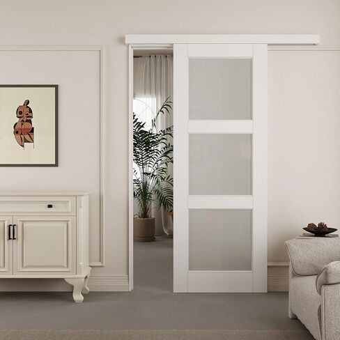 Track Hidden Style Track White Preged 3-Lite Frosted Glass Sliding Door مع مجموعة أجهزة (لا يوجد تجميع مطلوب) ， 36 '× 80' ' in Kuwait