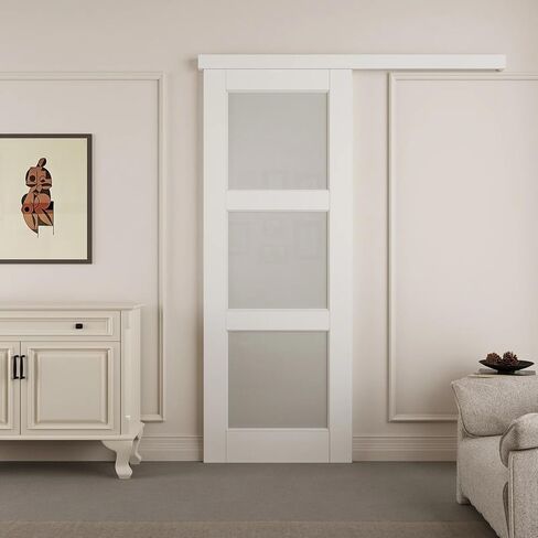 Track Hidden Style Track White Preged 3-Lite Frosted Glass Sliding Door مع مجموعة أجهزة (لا يوجد تجميع مطلوب) ， 36 '× 80' ' in Kuwait