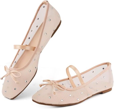 حذاء نسائي مسطح من الدانتيل من MUSSHOE مع حجر الراين: حذاء باليه مسطح بمقدمة مربعة: حذاء راقصة باليه كاجوال مريح ومريح لحفلات الزفاف in Saudi Arabia
