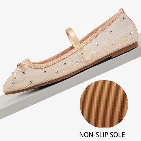حذاء نسائي مسطح من الدانتيل من MUSSHOE مع حجر الراين: حذاء باليه مسطح بمقدمة مربعة: حذاء راقصة باليه كاجوال مريح ومريح لحفلات الزفاف in Saudi Arabia