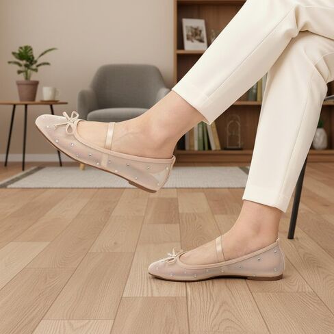 حذاء نسائي مسطح من الدانتيل من MUSSHOE مع حجر الراين: حذاء باليه مسطح بمقدمة مربعة: حذاء راقصة باليه كاجوال مريح ومريح لحفلات الزفاف in Saudi Arabia