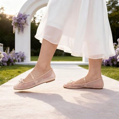 حذاء نسائي مسطح من الدانتيل من MUSSHOE مع حجر الراين: حذاء باليه مسطح بمقدمة مربعة: حذاء راقصة باليه كاجوال مريح ومريح لحفلات الزفاف in Saudi Arabia