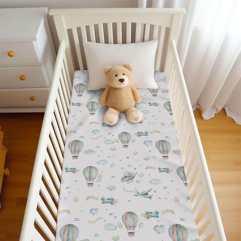Watercolor Plane Hot Air Balloon Baby Crib Sheets for Boy Girl 28"x52" Cartoon Airplanes Cloud Stars Baby Sheet for Standard Crib and Toddler Bed Mattress Nursery Bed Mattress Sheets Plane One Size in Saudi Arabia