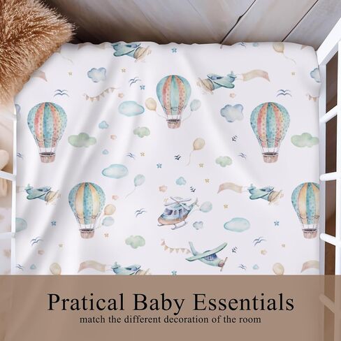 Watercolor Plane Hot Air Balloon Baby Crib Sheets for Boy Girl 28"x52" Cartoon Airplanes Cloud Stars Baby Sheet for Standard Crib and Toddler Bed Mattress Nursery Bed Mattress Sheets Plane One Size in Saudi Arabia