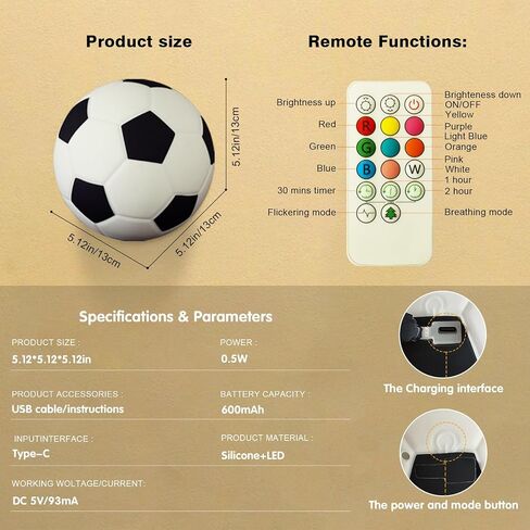 Soccer Silicone Night Light, Adorable Rechargeable Silicone Novelty Bedside Touch Lamp, 9 Colors with Timing Function, Soft Bedside Pat Table Lamp, Cute Room Decor Gift for Kids(Soccer) in Saudi Arabia