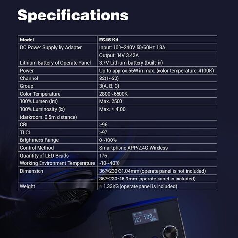 مصباح Godox ES45 E-Sports LED - فائق السطوع 2500 لومن (غير وهج) جهاز تحكم عن بعد للشحن التلقائي قابل للفصل، حامل سطح مكتب مدمج، 2800K-6500K قابل للتعتيم، CRI 96+ TLCI 97+، للبث المباشر، تصوير الفيديو in Saudi Arabia