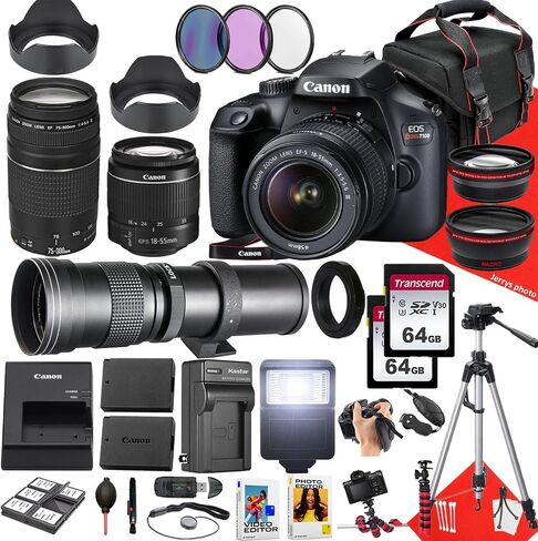 Canon EOS Rebel T100 / 4000D DSLR Camera with Canon EF-S 18-55mm F/3.5-5.6 DC III Zoom, EF 75-300mm f/4-5.6 III and 420-800mm f/8.3 HD Lens + 128 GB Memory + Filters + More (34pc Bundle) (Renewed) in Saudi Arabia