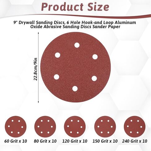 50 PCS 9-Inch 6-Hole Drywall Sanding Discs Set, 10 Each of 60 80 120 150 240 Grits Hook-and-Loop Sanding Discs for 9" Drywall Sander, Wood Furniture Finishing in Kuwait