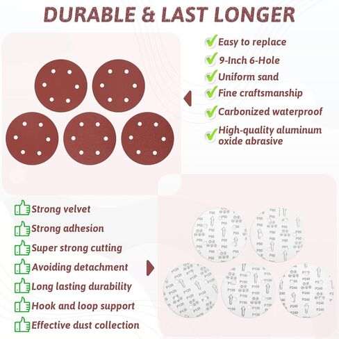 50 PCS 9-Inch 6-Hole Drywall Sanding Discs Set, 10 Each of 60 80 120 150 240 Grits Hook-and-Loop Sanding Discs for 9" Drywall Sander, Wood Furniture Finishing in Kuwait