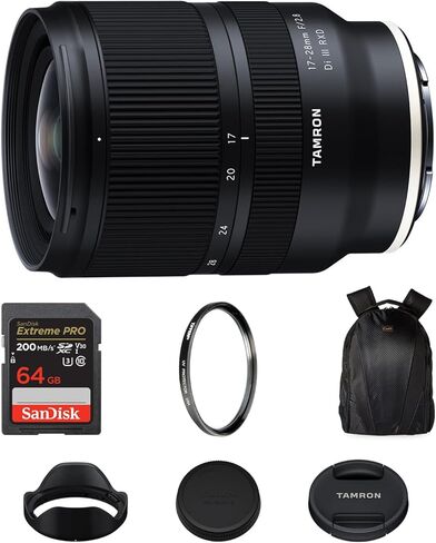 عدسة Tamron مقاس 17-28 مم f/2.8 Di III RXD (Sony E) مع تركيز تلقائي سريع وواسع الزاوية، وبطاقة SDXC Extreme PRO سعة 64 جيجابايت مع سرعة قراءة تبلغ 200 ميجابايت/ثانية، وفلتر Tiffen 67 مم للأشعة فوق البنفسجية ومجموعة حقيبة ظهر للكاميرا in Kuwait