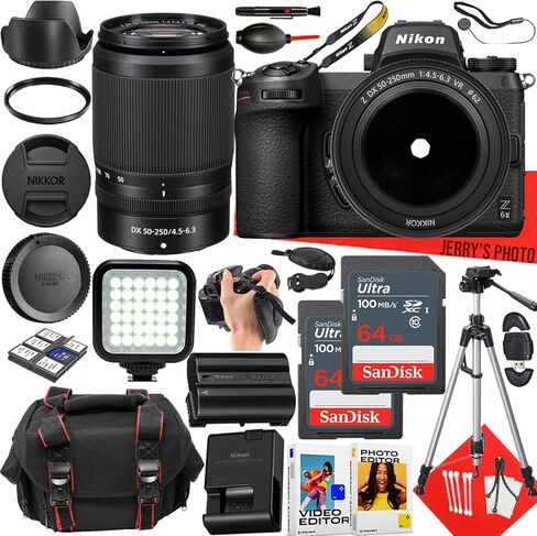 Nikon Z6 II Mirrorless Camera with Nikon NIKKOR Z DX 50-250mm f/4.5-6.3 VR Lens + 2pc 64 GB Memory + LED Light + Camera Case + Tripod + More (28pc Bundle) (Renewed) in Saudi Arabia