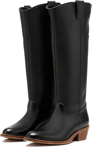 Women Low Chunky Stacked Heel Western Knee High Boots Slouchy Suede Pointed Square Toe Pull On Cowboy Boots Block Heels Wide Calf Stretchy Tall Dress Boot Fall Winter Retro Comfort 4-13 M US in Saudi Arabia