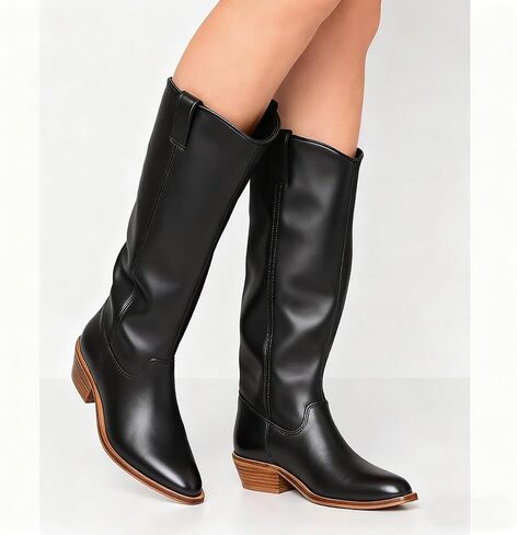 Women Low Chunky Stacked Heel Western Knee High Boots Slouchy Suede Pointed Square Toe Pull On Cowboy Boots Block Heels Wide Calf Stretchy Tall Dress Boot Fall Winter Retro Comfort 4-13 M US in Saudi Arabia